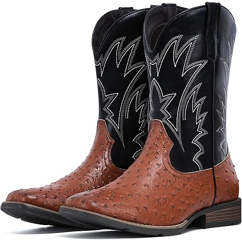 IUV Cowboy Boots For Men Western Ostrich Wide Durable Fashionable Embroidered Pull On Slip Resistant Assorted Colors Boots