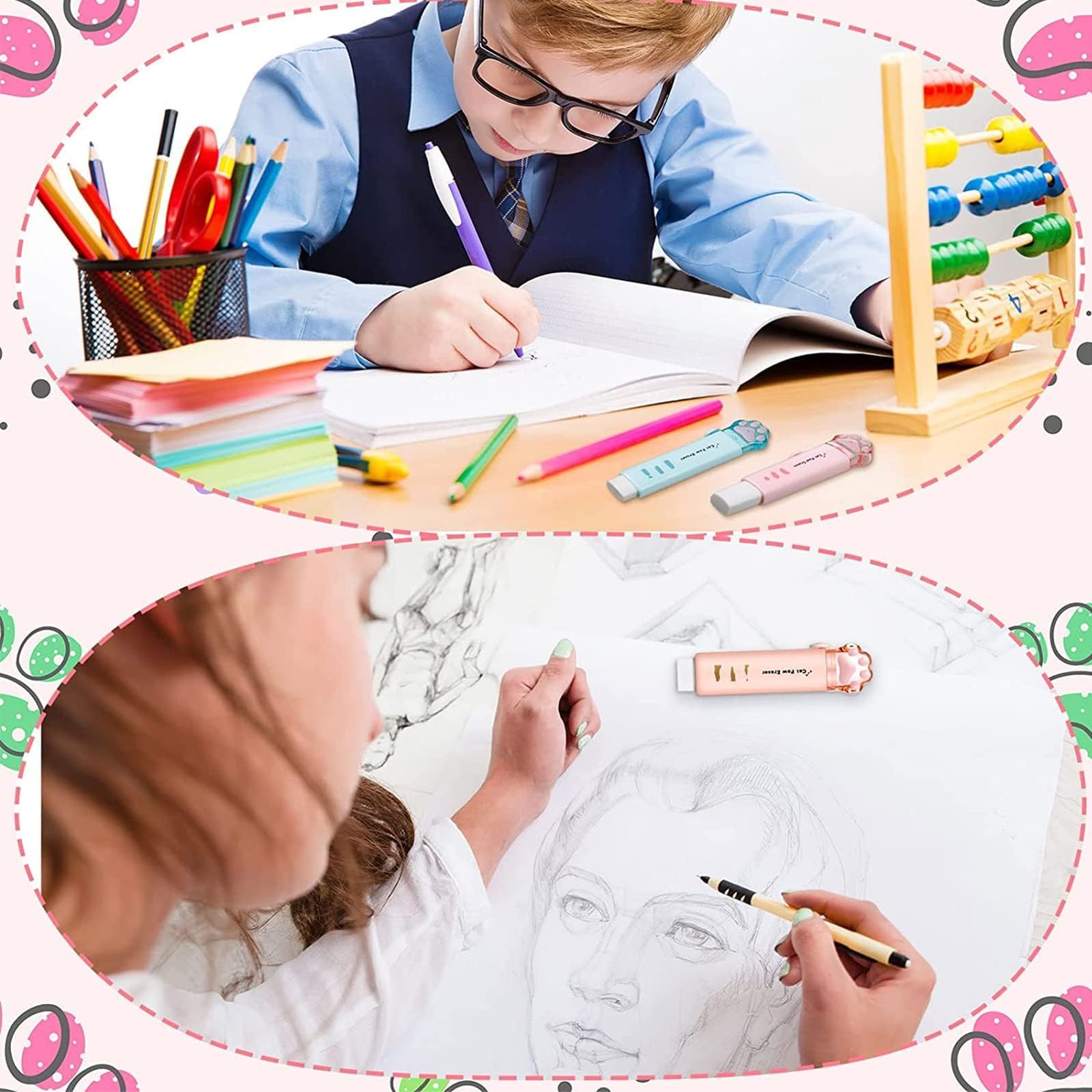 4 Katzenpfoten-Radiergummis – Einziehbar, Regenbogenfarben, Push-Pull-Design, Für Schule & Büro