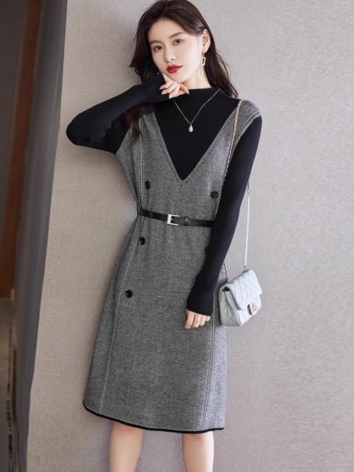 LIXINGHEITANG Autumn and Winter Dress Women's Loose Two- Sweater Long-Sleeved Knitted Skirt