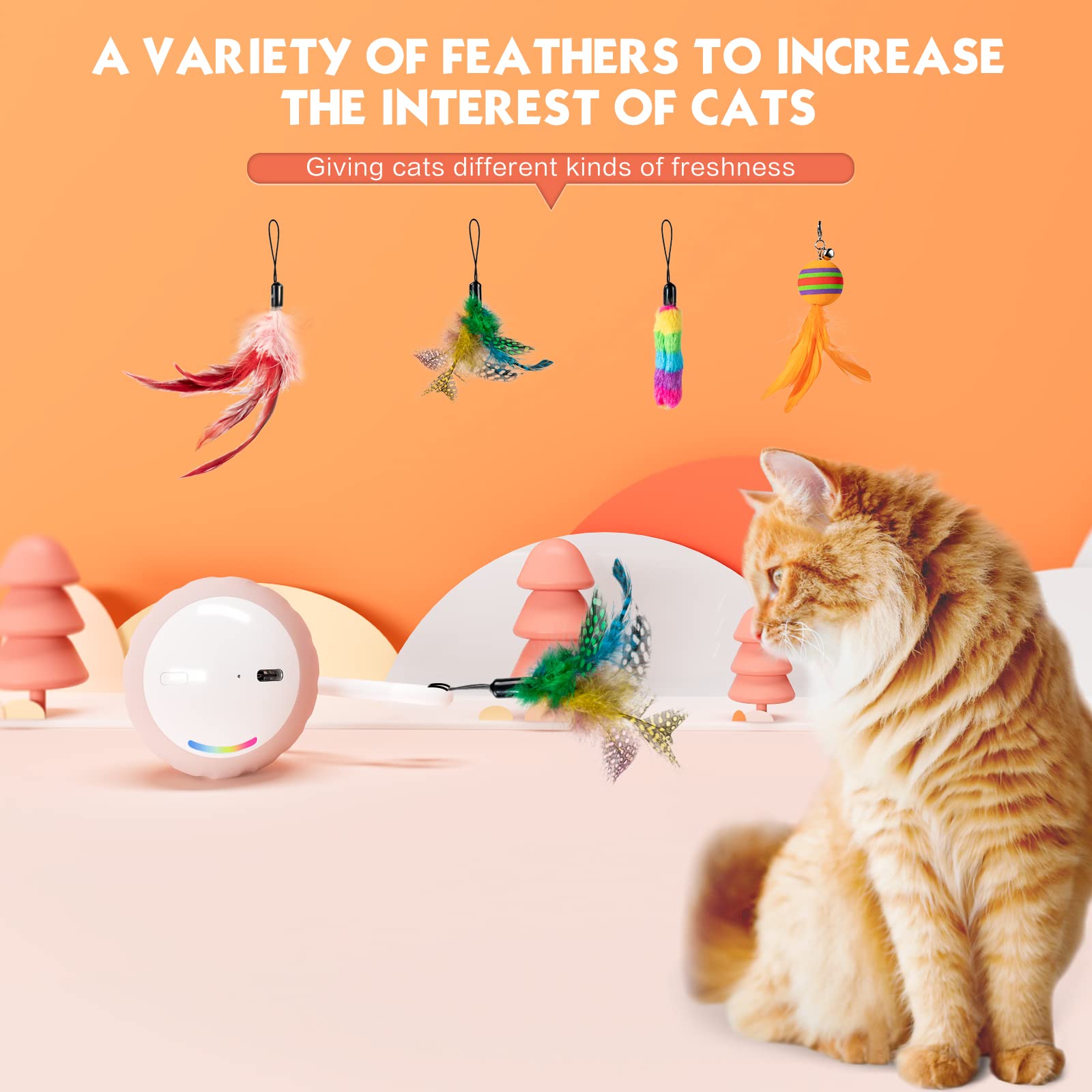 Pelota interactiva de juguetes para gatos, juguetes eléctricos automáticos para gatos de interior, luces LED y juguetes de cola de plumas con sonido activado y táctil, recargable por USB, modo de 2
