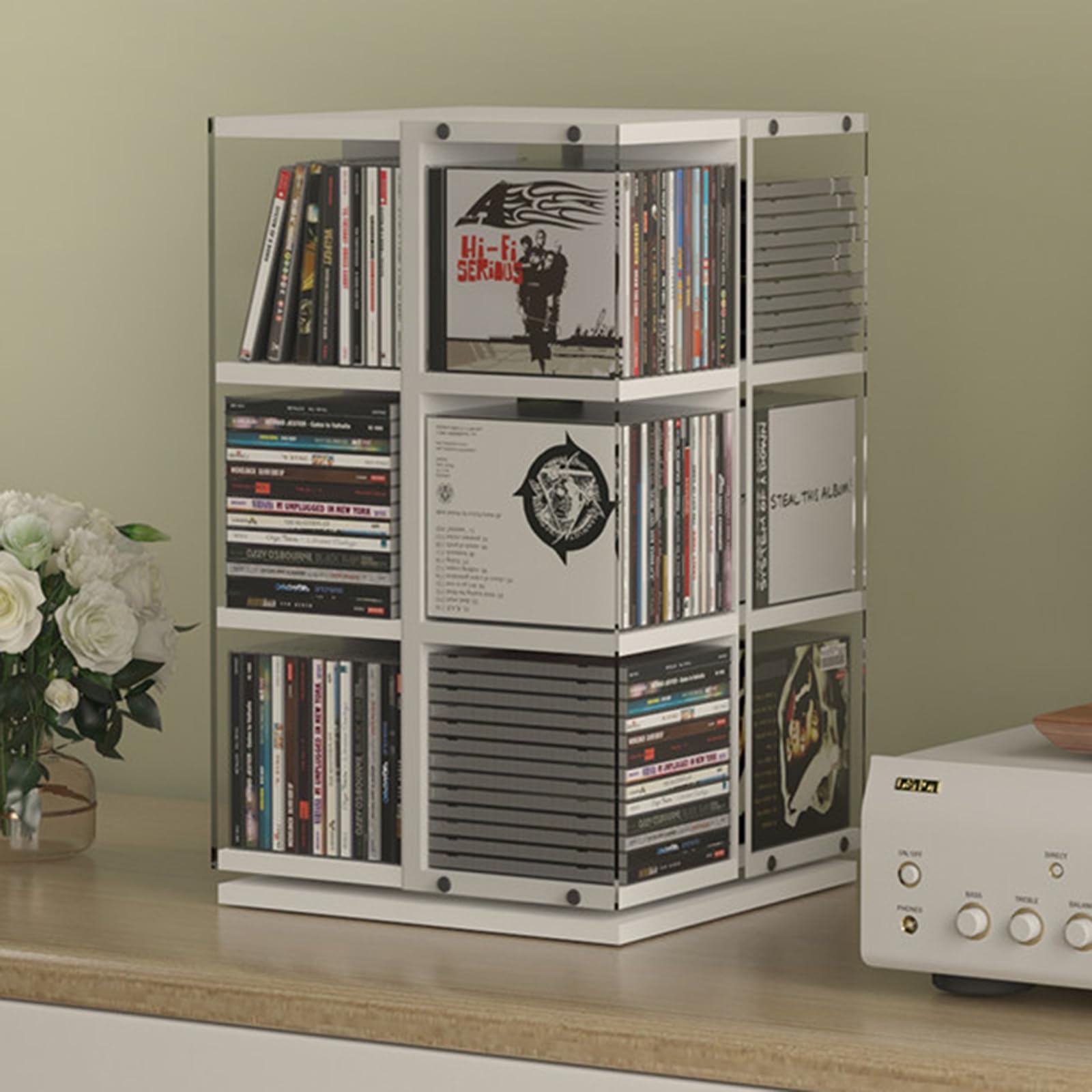 Torre de discos de vinilo perfecta para organizar libros y revistas en salones pequeños