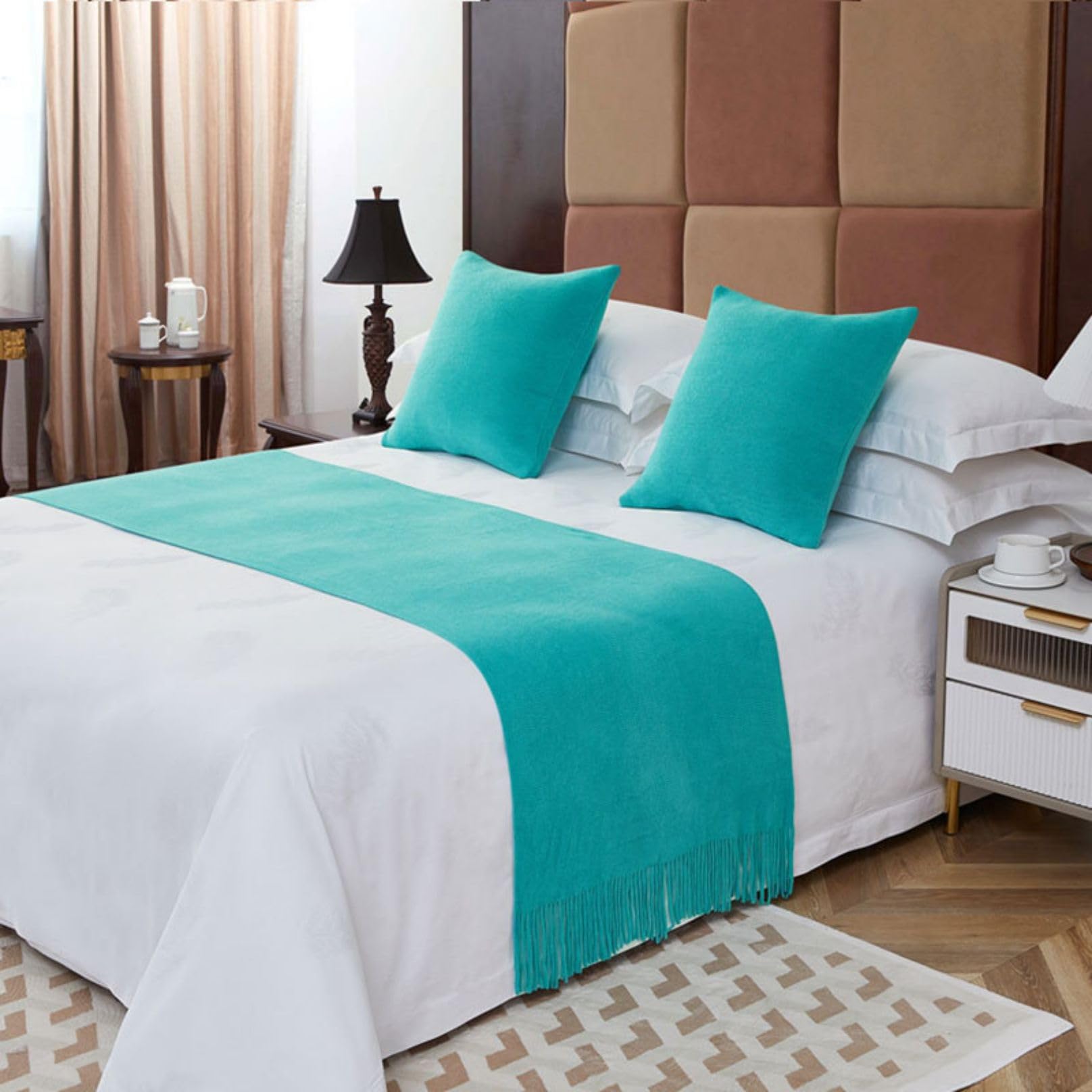 LEEMQCYA Bed Runners Tassels Blue Green Bed Scarf Hotel Bed Towel Bedspread Decoration Bedding Cover Protection for Single Double Super King Size Bed, 60X260cm