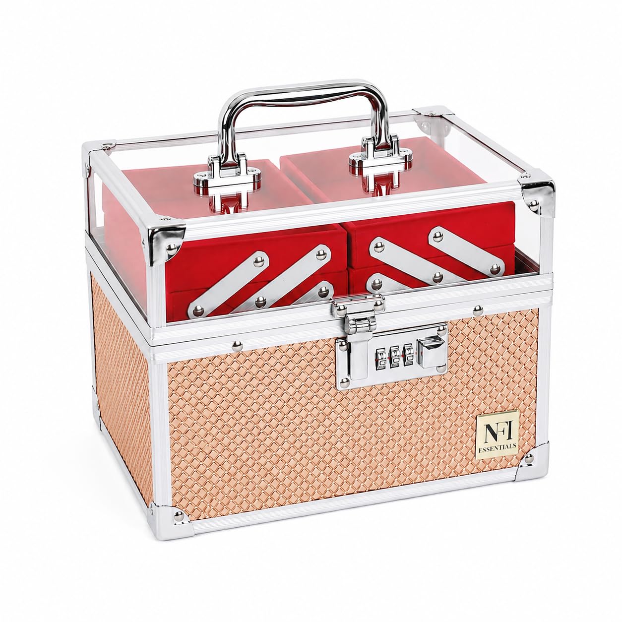 NFI essentials Makeup Organizer Box for Women, Bridal Makeup Case for Jewellery,Cosmetics & Bridal Essentials, with Lock and Multi-Layer Storage Trays Portable Vanity Box-picture-32