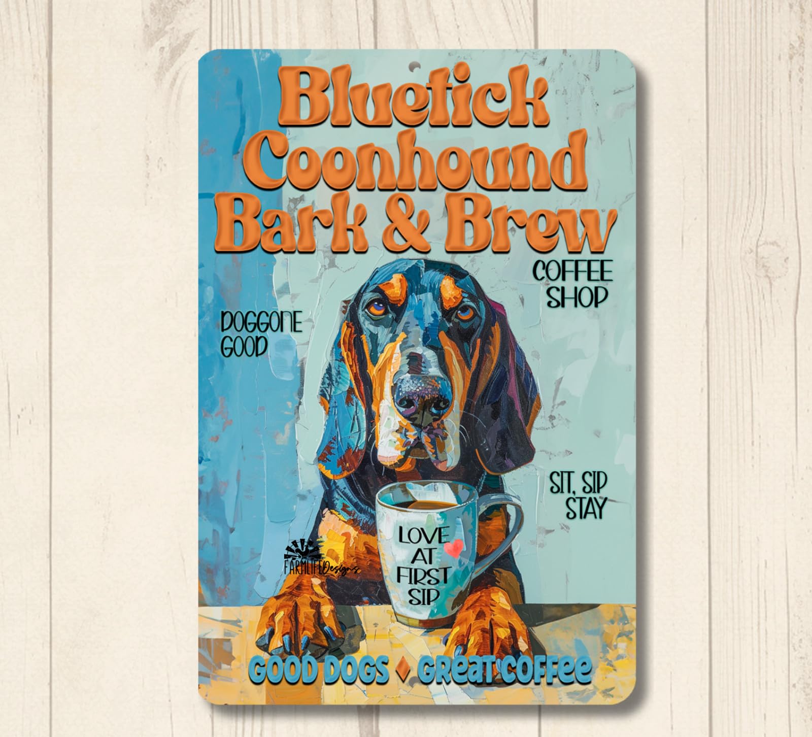 Bluetick Coonhound Coffee Bar Sign Bark & Brew hound dog coondog funny metal tin home decor