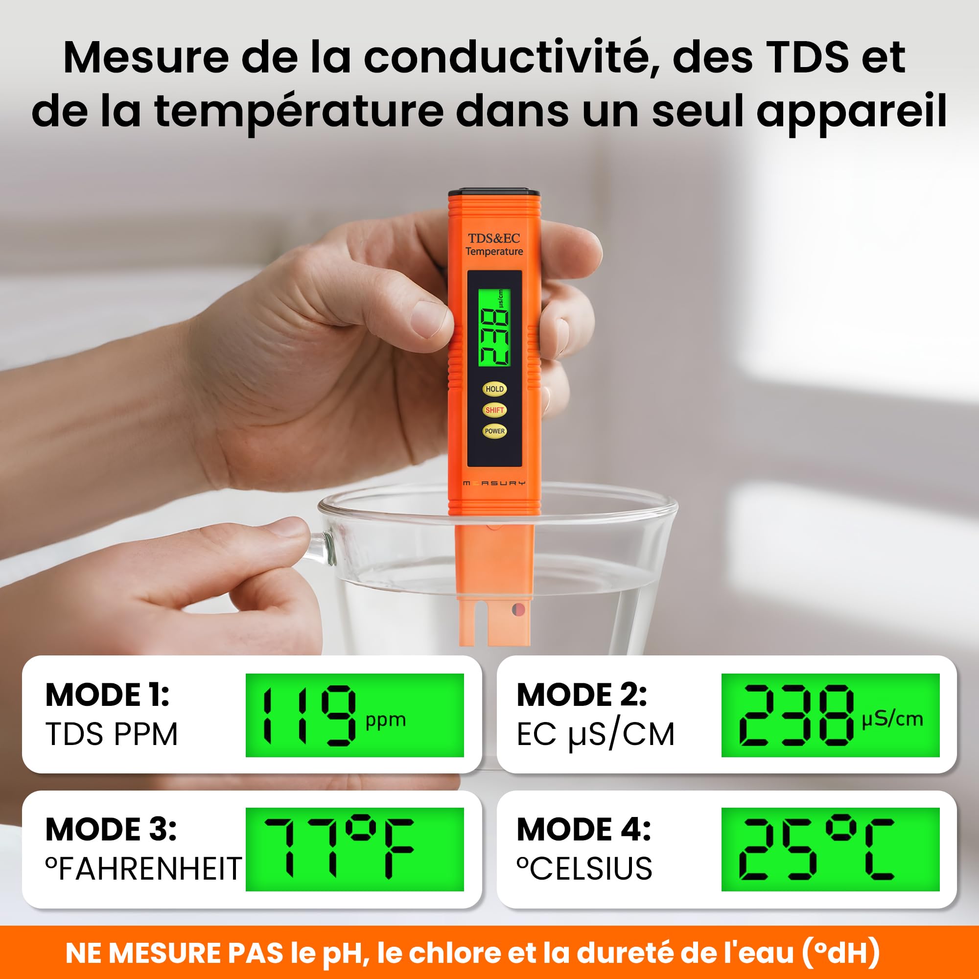 Measury Testeur TDS et Testeur EC - Conductimetre, Testeur Eau Aquarium, Testeur Eau Piscine - Testeur d'eau Potable