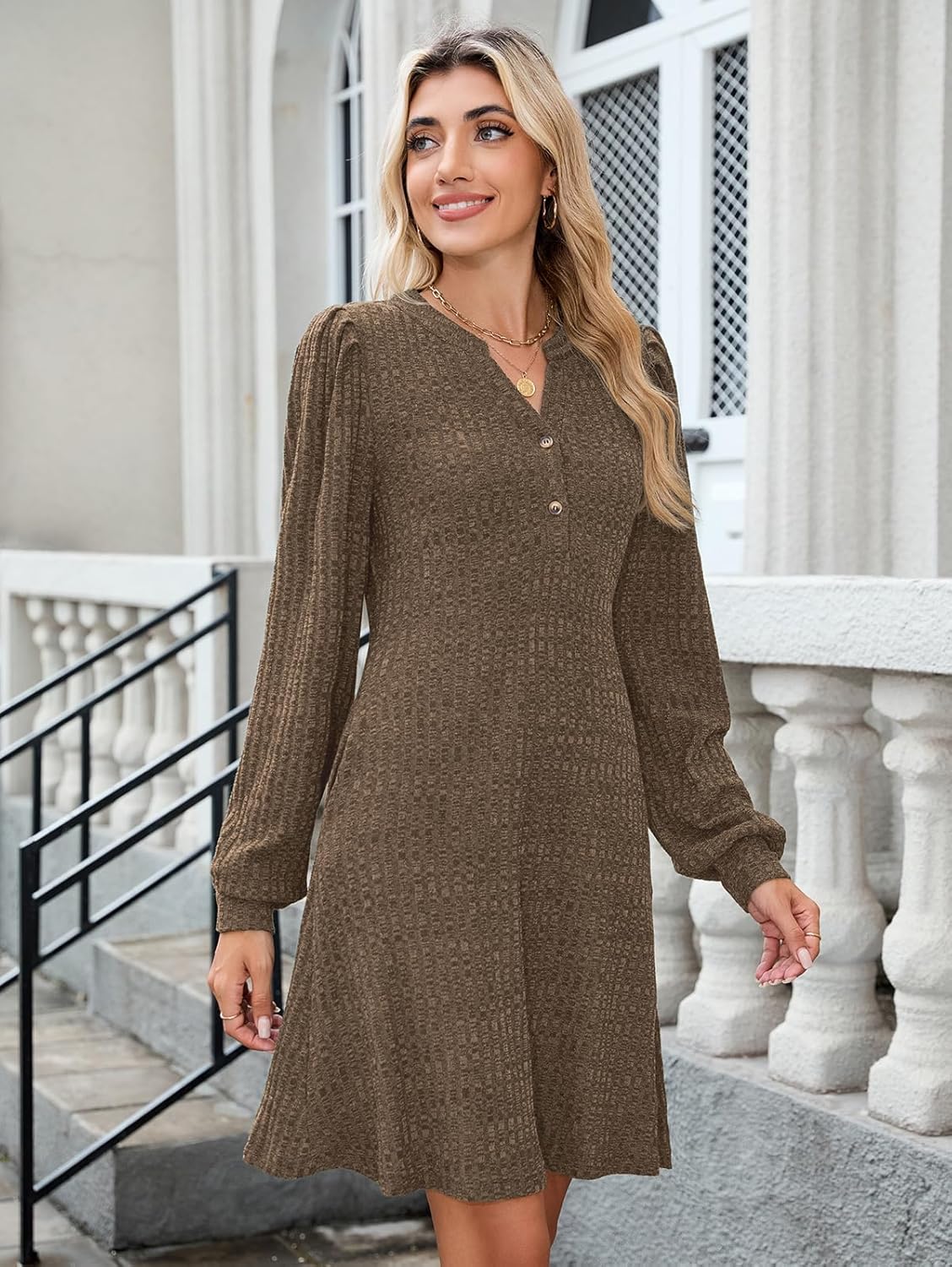 ZAFUL Womens Long Sleeve Fall Dresses with Pockets V Neck Button Casual Bodydoll Knit Sweater Dress 2025 - Image 4