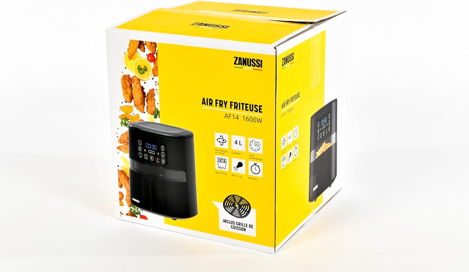 Zanussi AF14 Air Fryer packaging box, showing the product image and key features.