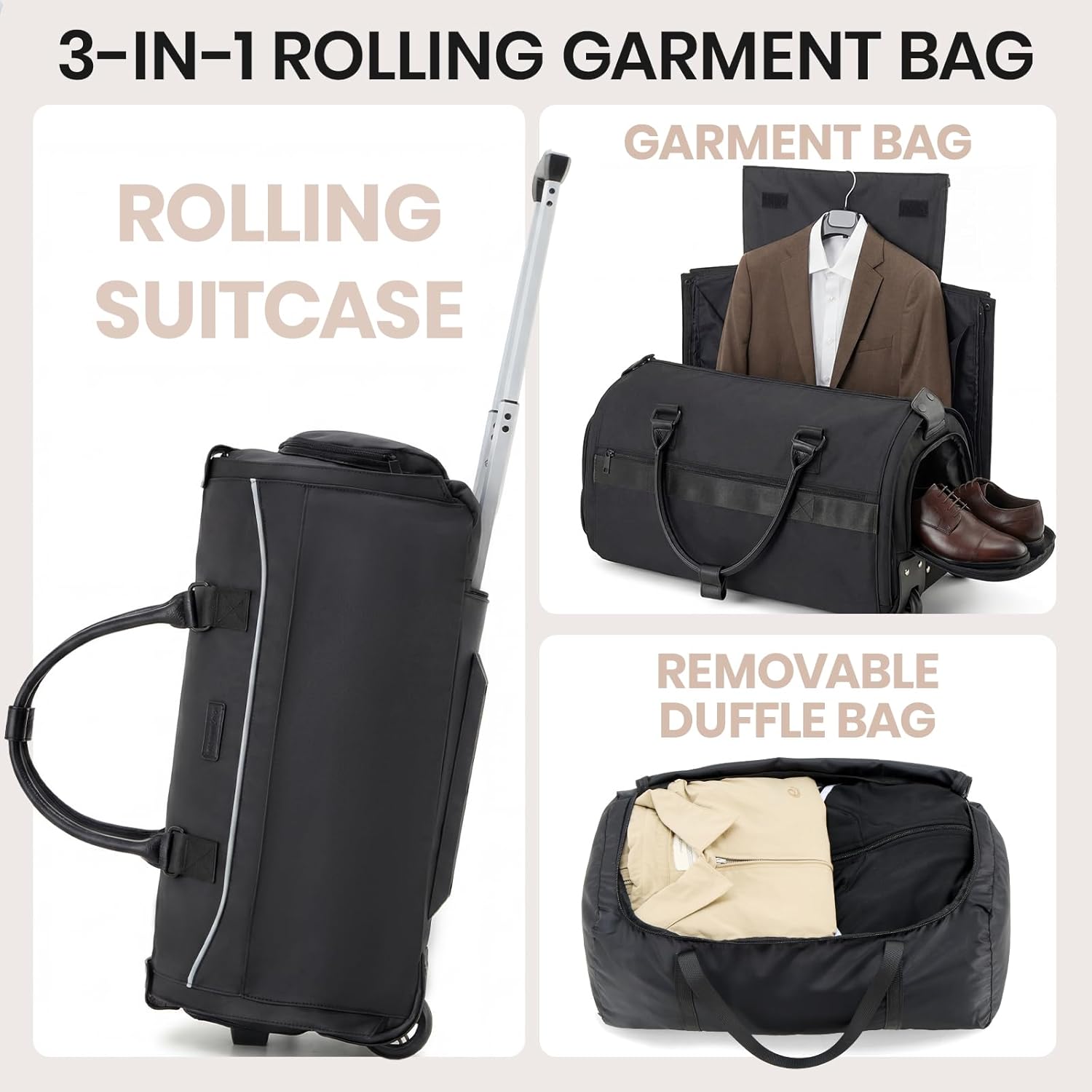 Fanwoli Carry On Rolling Garment Bag With Wheels, TSA Approved Airline Compliant Suit Luggage, Convertible Wrinkle-Free Garment Duffle Bag For Travel, Business & Wedding Suit Carrier Weekender(Black) - Image 2
