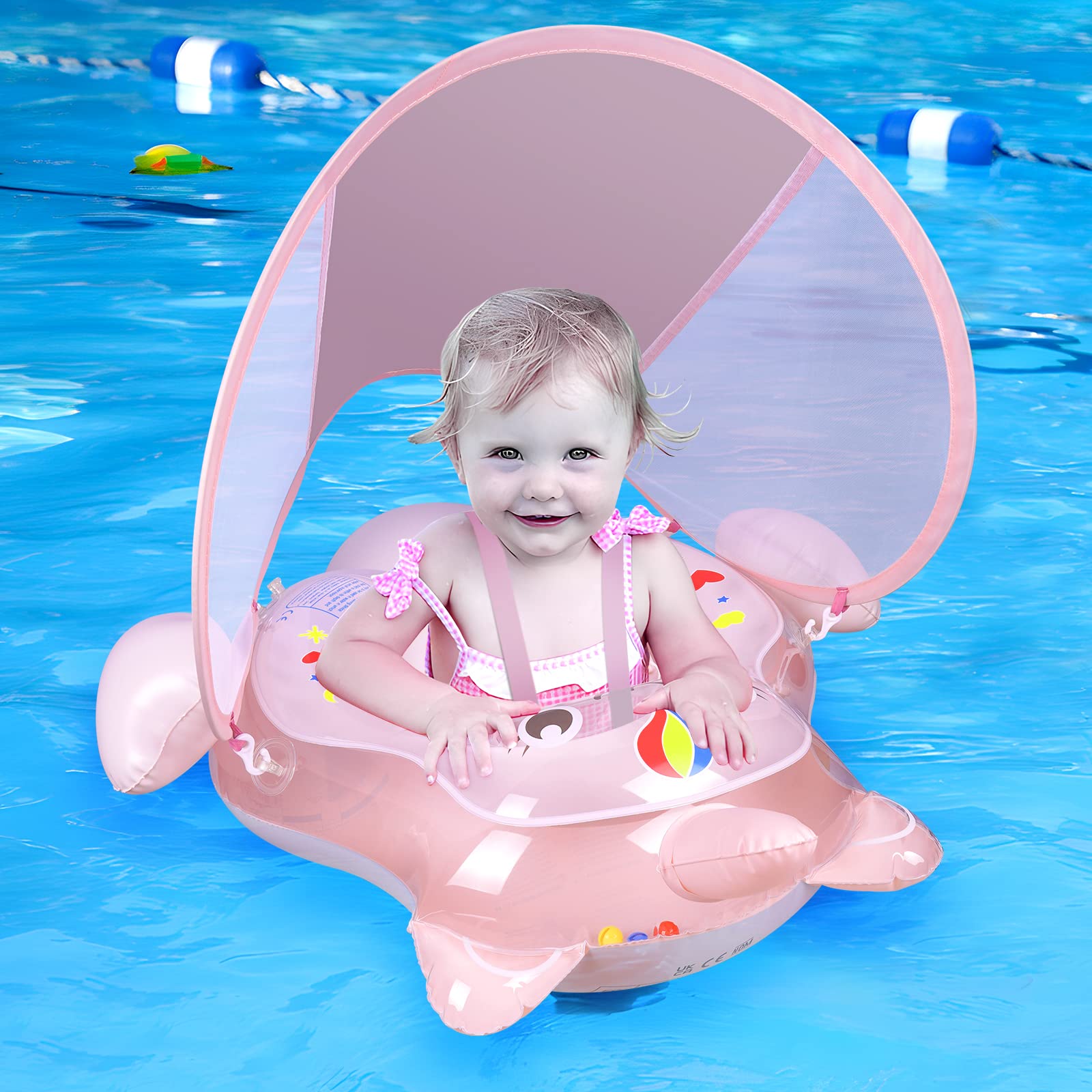Baby Swimming Float, AivaToba Inflatable Infant Swim Float, Inflatable Baby Pool Float with UPF 50+ Sun-Protective Canopy, Add Tail No Flip, Hand Pump for Toddlers Age 12-36 Months