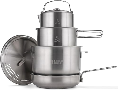 Campo Libre® Enzo Camping Cookware Set – Durable Stainless Steel Pots & Pan with ProCore Technology, Induction Compatible Outdoor Cooking Set, Compact Stackable Design, 6 or 8-Piece