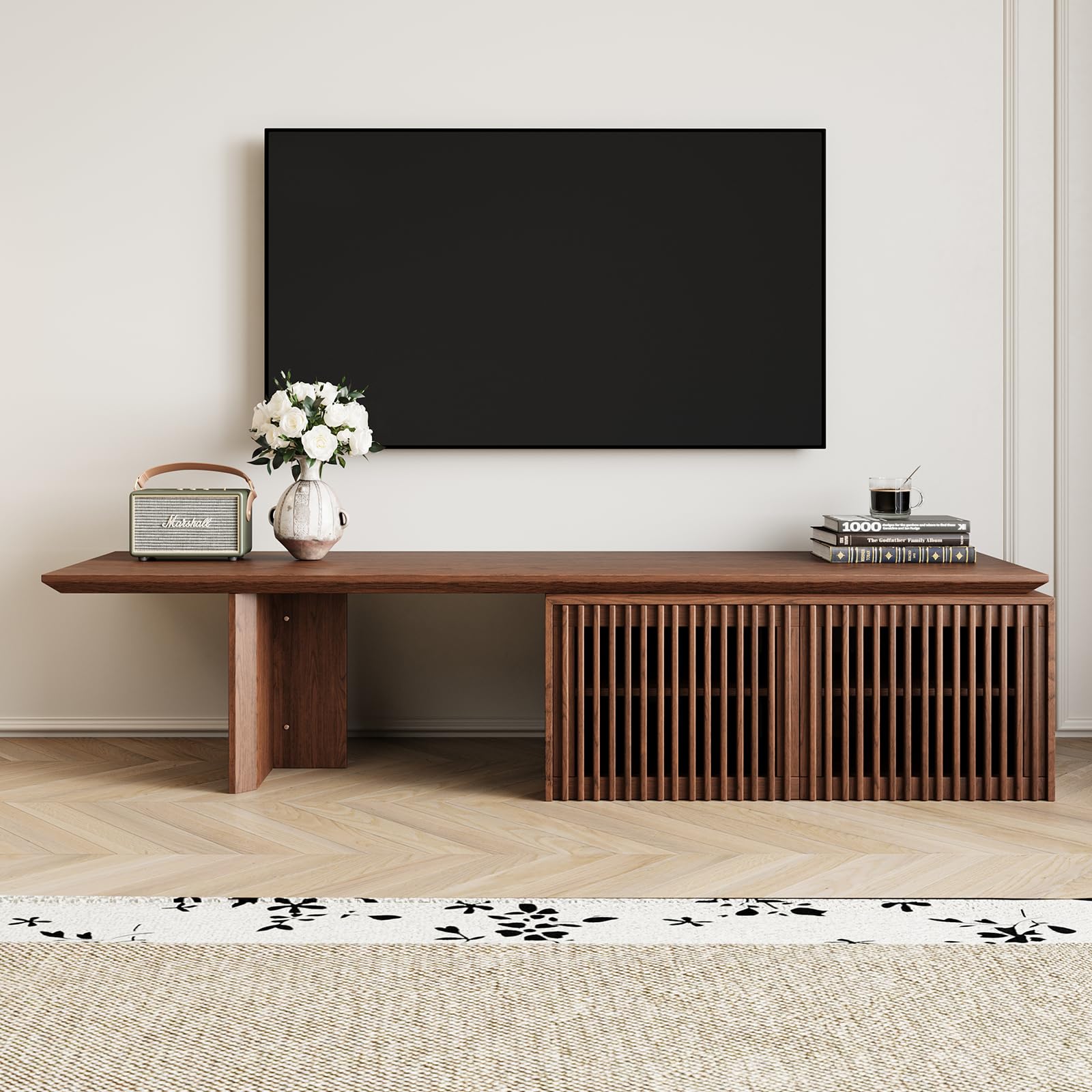 Modern TV Stand, Entertainment Center with Storage, Extendable TV Media Console for Up to 55+ Inch, Minimalist Television Cabinet for Living Room/