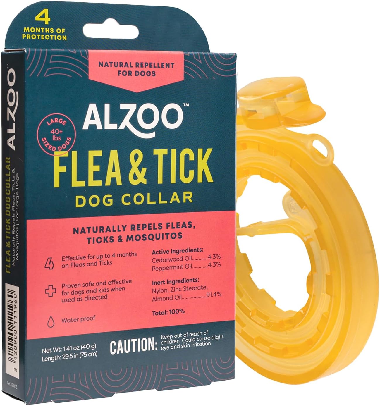 Natural Flea & Tick Dog Collar - Helps Repel Fleas, Ticks & Mosquitoes - 100% Plant-Based Active Ingredients - Waterproof - Up to 4 Months Protection - Large-Sized Dogs: 40+ lbs - Single