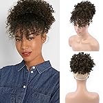 ENTRANCED STYLES Drawstring Ponytail with Bangs Afro Puff Extensions for Women Short Curly Clip in Wrap Updo Hairpiece(2B)