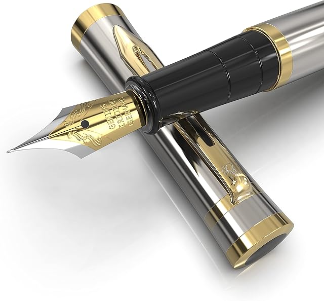 Wordsworth & Black Fountain Pen Set, Medium Nib, Includes 6 Ink Cartridges and Ink Refill Converter, Gift Case, Journaling, Calligraphy, Smooth Writing Pens [Silver Gold], Perfect for Men and Women