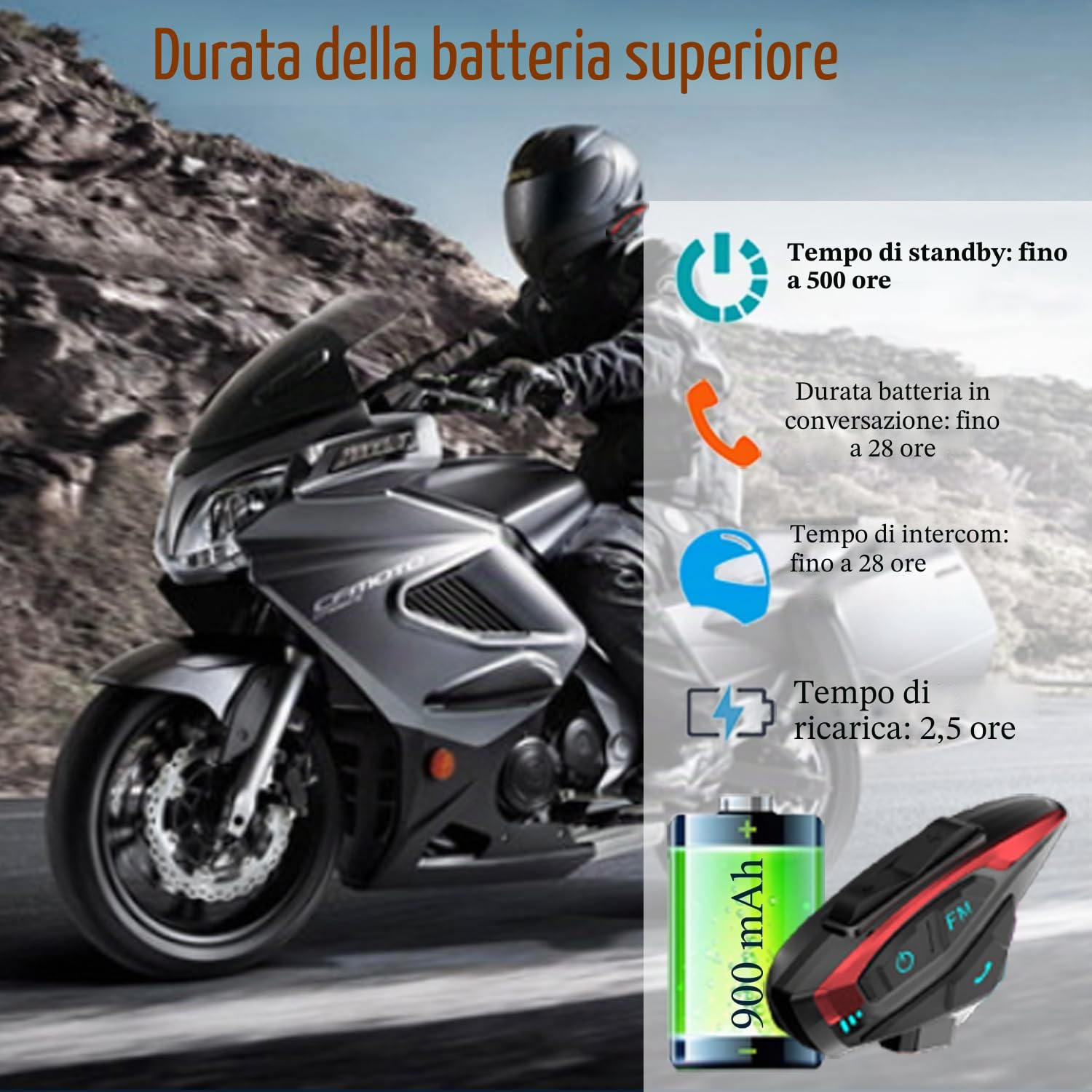 QSPORTPEAK Shark02 interfono moto bluetooth, sistema bluetooth per casco per 2 piloti/Portata 1000m/Condivisione musica/Selezione tono multi-paese(1 pezzi)