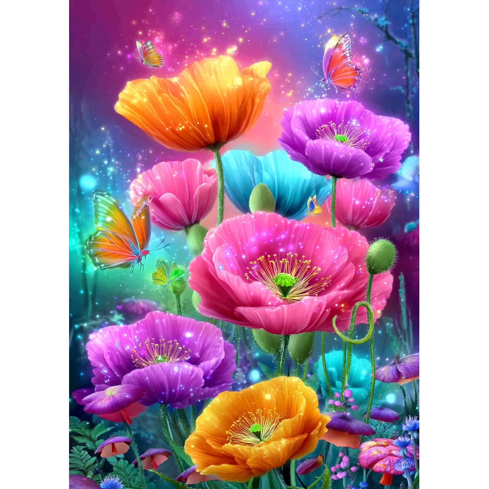 MAXBYE Poppy Flower Diamond Painting Art Kits Adults, DIY Dreamy Butterfly Round Diamond Art Full Drill Kits, 5D Gem Cross Stitch Easy Kits for Beginner Crystal Art Crafts Home Wall Decor 12x16 Inch