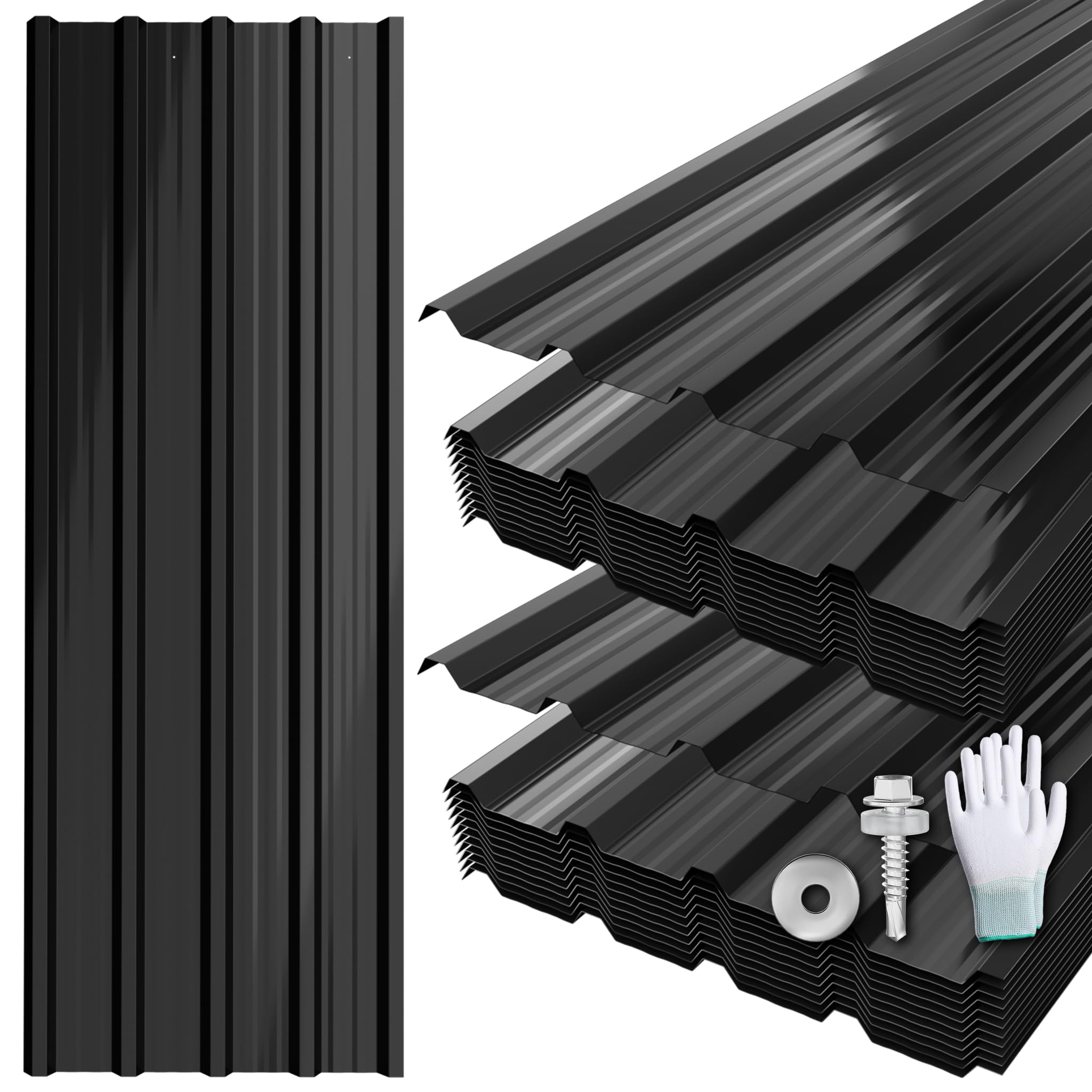 Suusolny 24er Set Profilblech mit Handschuhe & Schraube Verzinkter Stahl Trapezblech Dachblech mit Struktur 14 m² Dachplatten Wetterfest Rostresistent Wellblech für Gerätehaus Carport - Schwarz