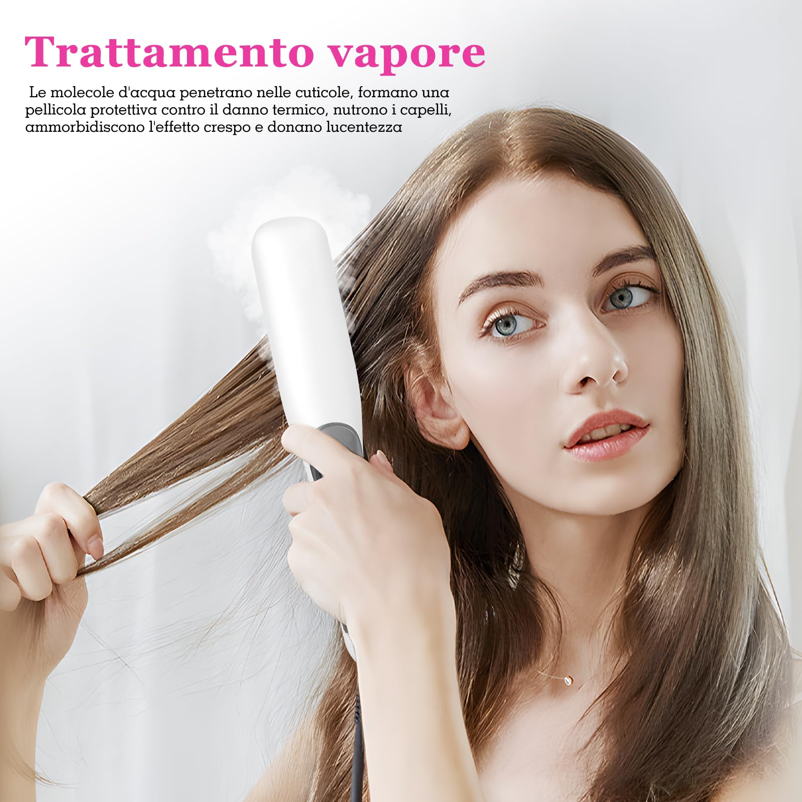 Spazzola Stira Capelli a Vapore - 3 Livelli Temperatura (150°C-210°C), Riscaldamento Rapido 30s, Piastre Ceramica, Design Sicuro, per Tutti i Capelli, Bianco
