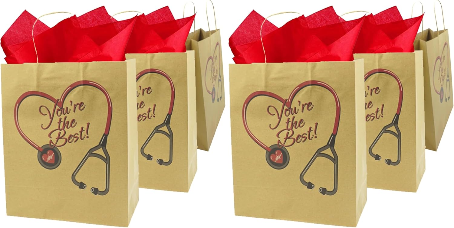 4E's Novelty Nurse Gift Bags (24 Pack) Large 12" Kraft Paper Bag Bulk - National Nurse Appreciation Day. For Doctors Healthcare Hospital Worker Party Favors Goody Bag
