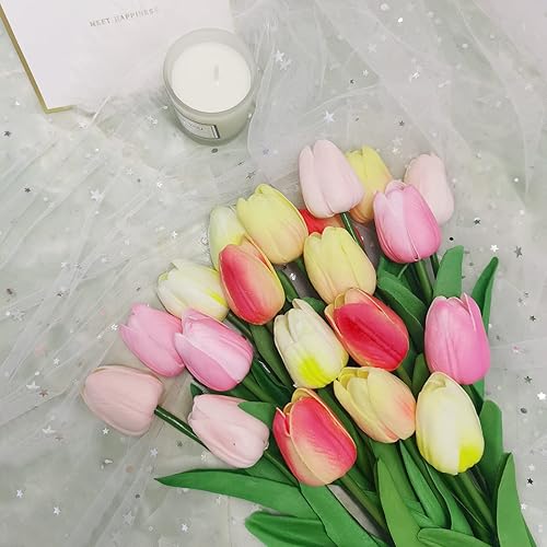 Miniatura 6 de 20 piezas de tulipanes artificiales, flores de seda de tacto real, tulipanes rosados amarillos, arreglos florales para boda, hogar, oficina, fiesta