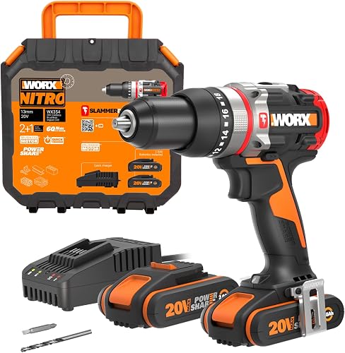 WORX NITRO - Perceuse à Percussion sans Fil - Batterie 20 V/2Ah et Moteur Brushless - SlammerDrill - Technologie ActiveHammer - Livrée avec 2 Batteries et Accessoires - 60 Nm - ⌀ 13 mm - WORX WX354 - 1