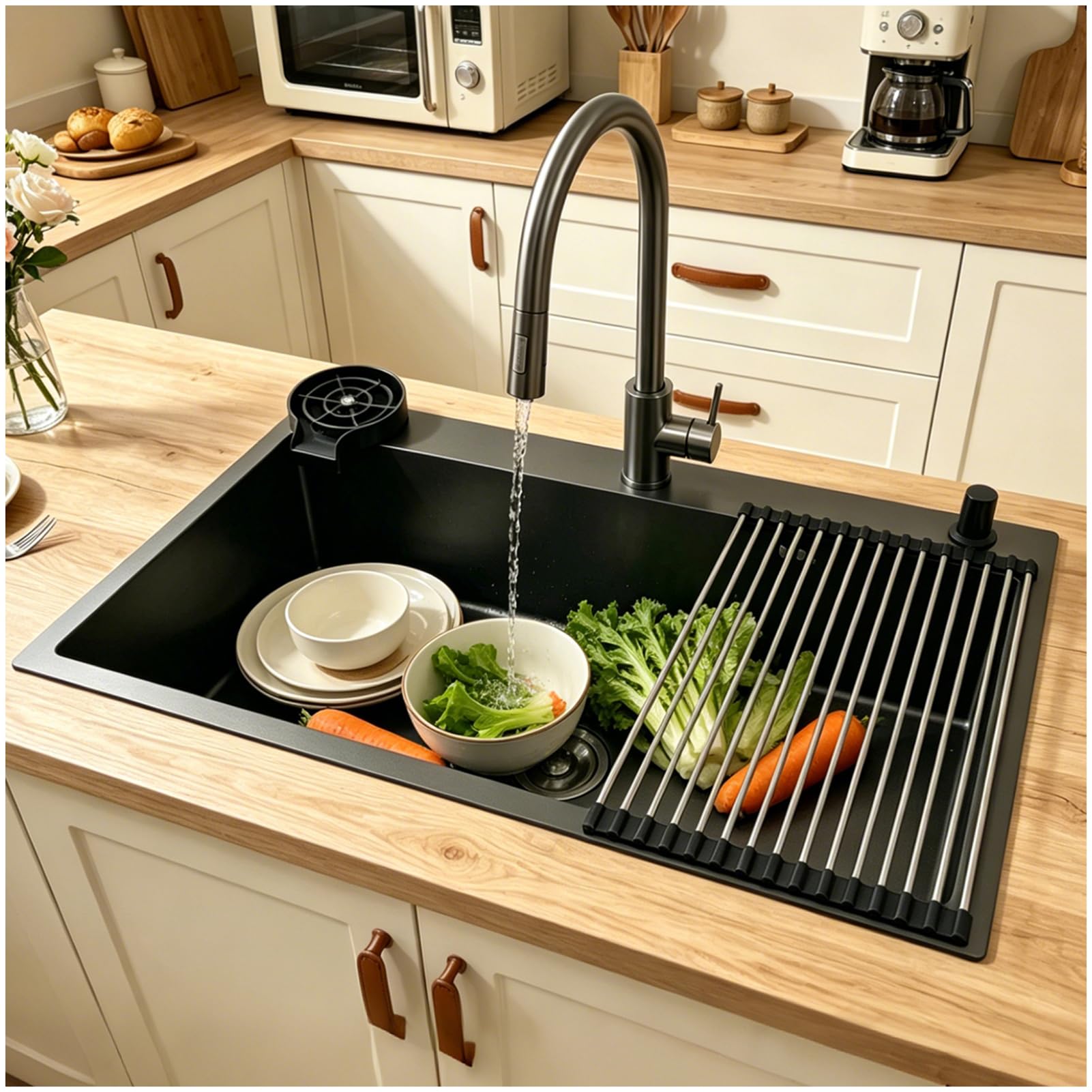 OMGMTSTORE Kitchen Sink, 85 x 50 cm, Black Anthracite Sink, Stainless Steel, XL Kitchen Sink, Rectangular Worktop Sink, Kitchen with 3 Tap Holes, Sink with Tap, Draining Rack, Soap Dispenser and