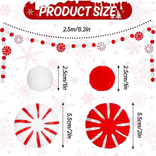 Miniatura 2 de Whaline Cartel de caramelo de fieltro de Navidad de 8.2 pies, lindo cartel decorativo rojo y blanco con pompones, guirnalda colgante de Navidad para