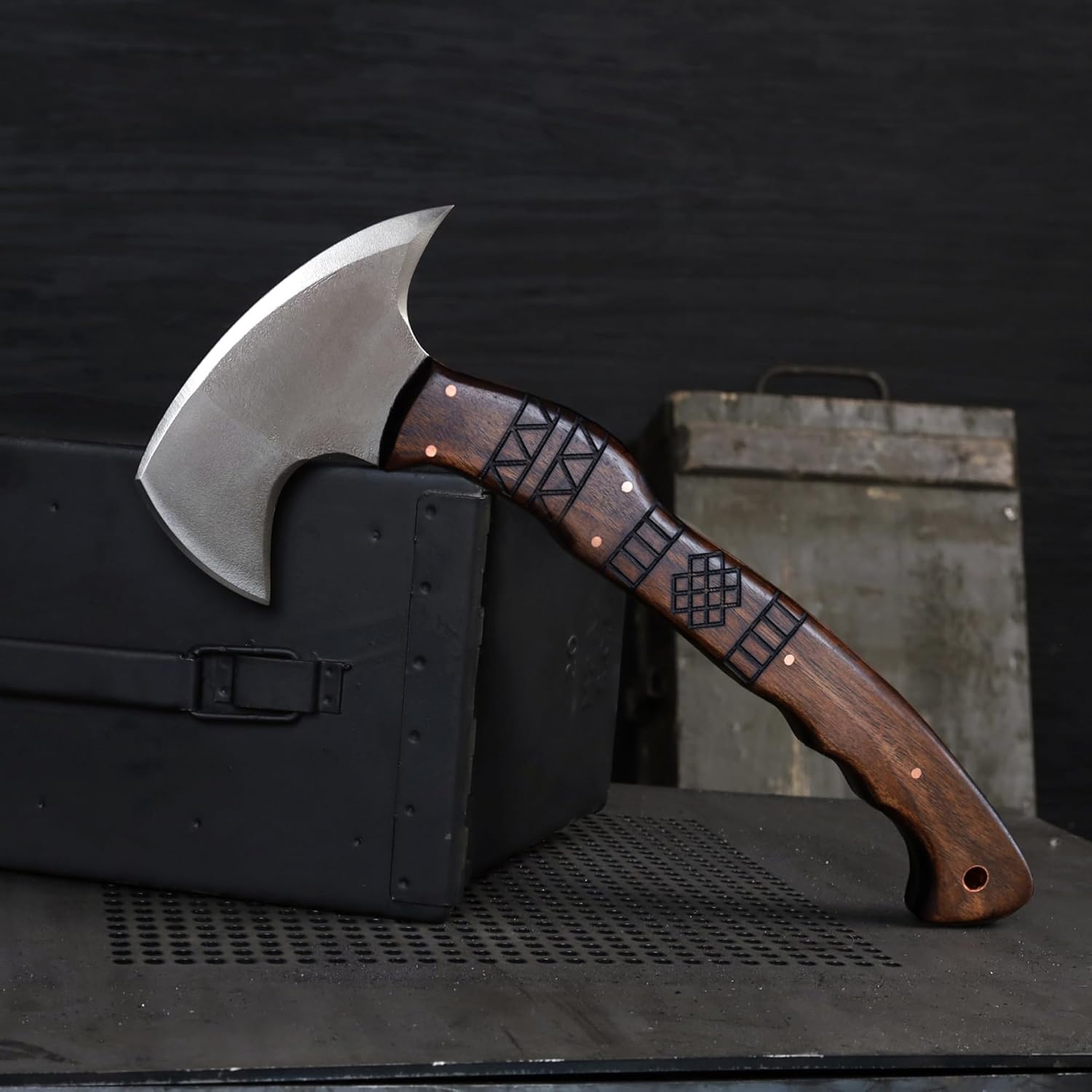 AncientSmithy Tactical Tomahawk Full Tang Camping Axe Outdoor Hatchet for Chopping with Tribal Engraving (14'' Blade with Spike and Sheath)