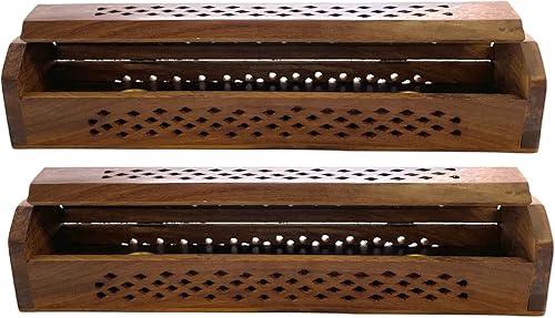 Vista 55 de Paquete de 2 quemadores de incienso de madera tipo ataúd - Incrustaciones de latón de 12 pulgadas - Compartimento de almacenamiento (Buddha)