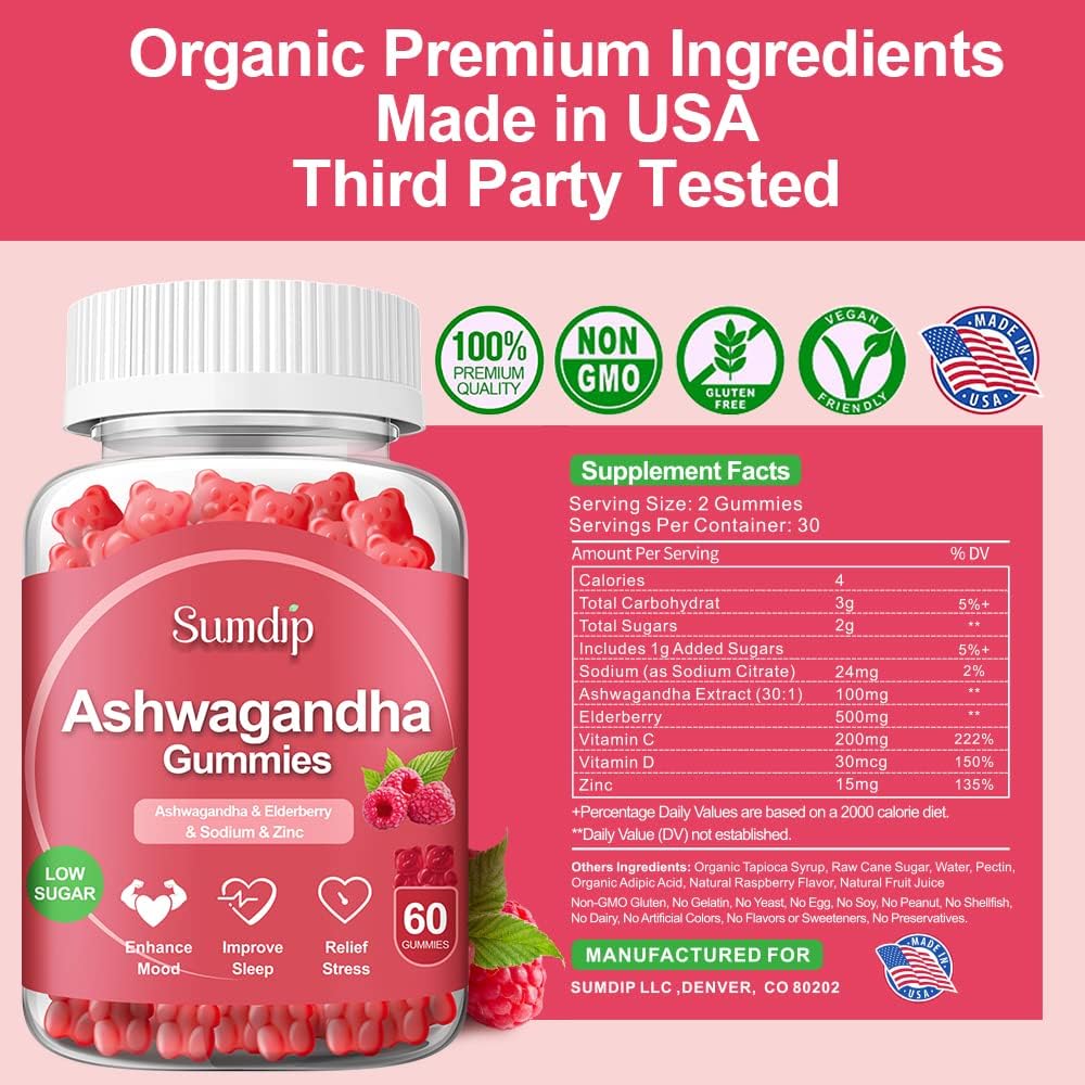 Ashwagandha Gummies for Women and Men, Ashwagandha Supplement, Sleep&Mood, Energy Support with Ashwagandha Root Extract, Elderberry, Zinc, Vitamin C D Low Sugar-60 Gummies