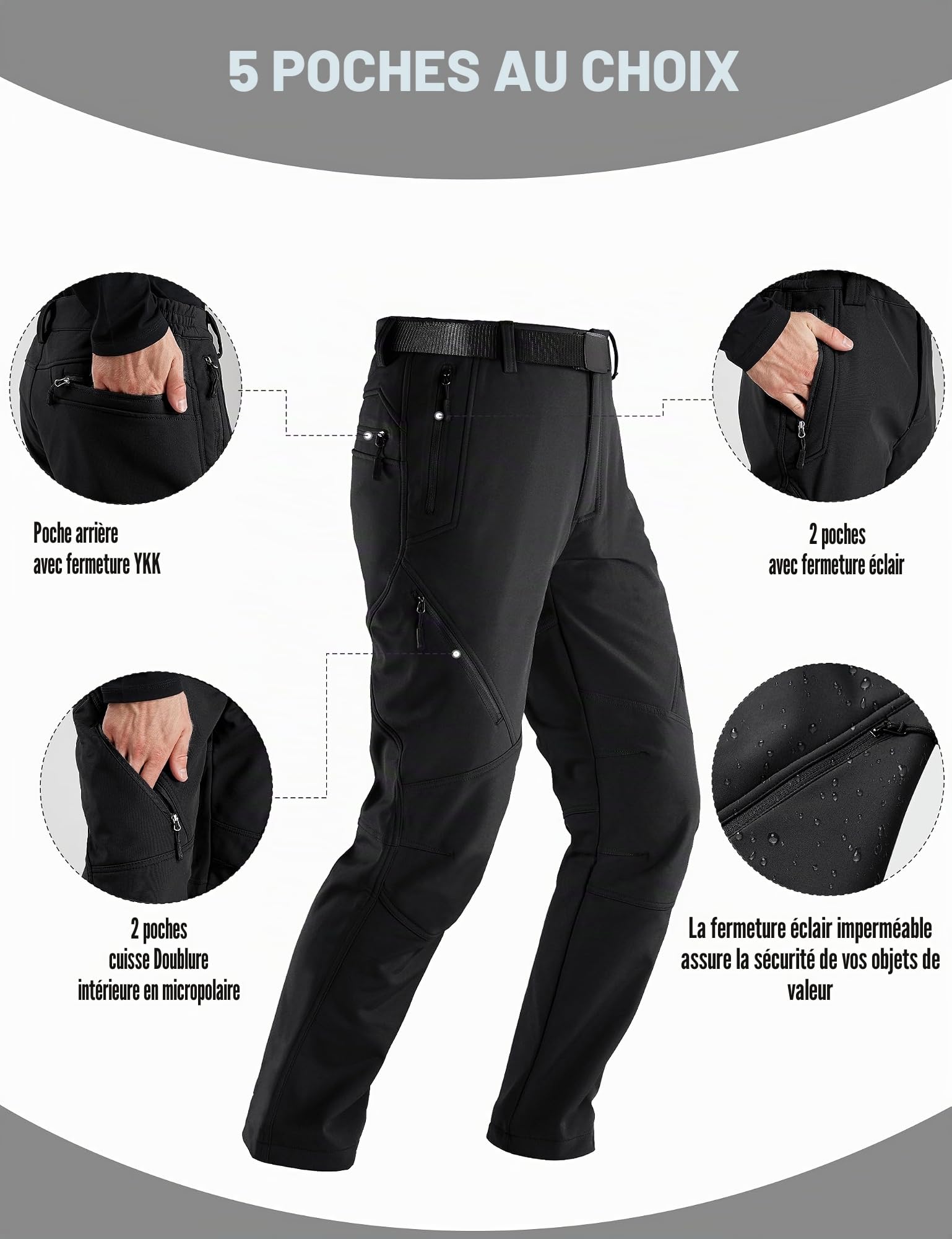 FREE SOLDIER Pantalon Ski d'hiver pour Hommes Pantalon de Chasse Imperméable Coupe-Vent Softshell Doublé de Polaire pour la Randonnée