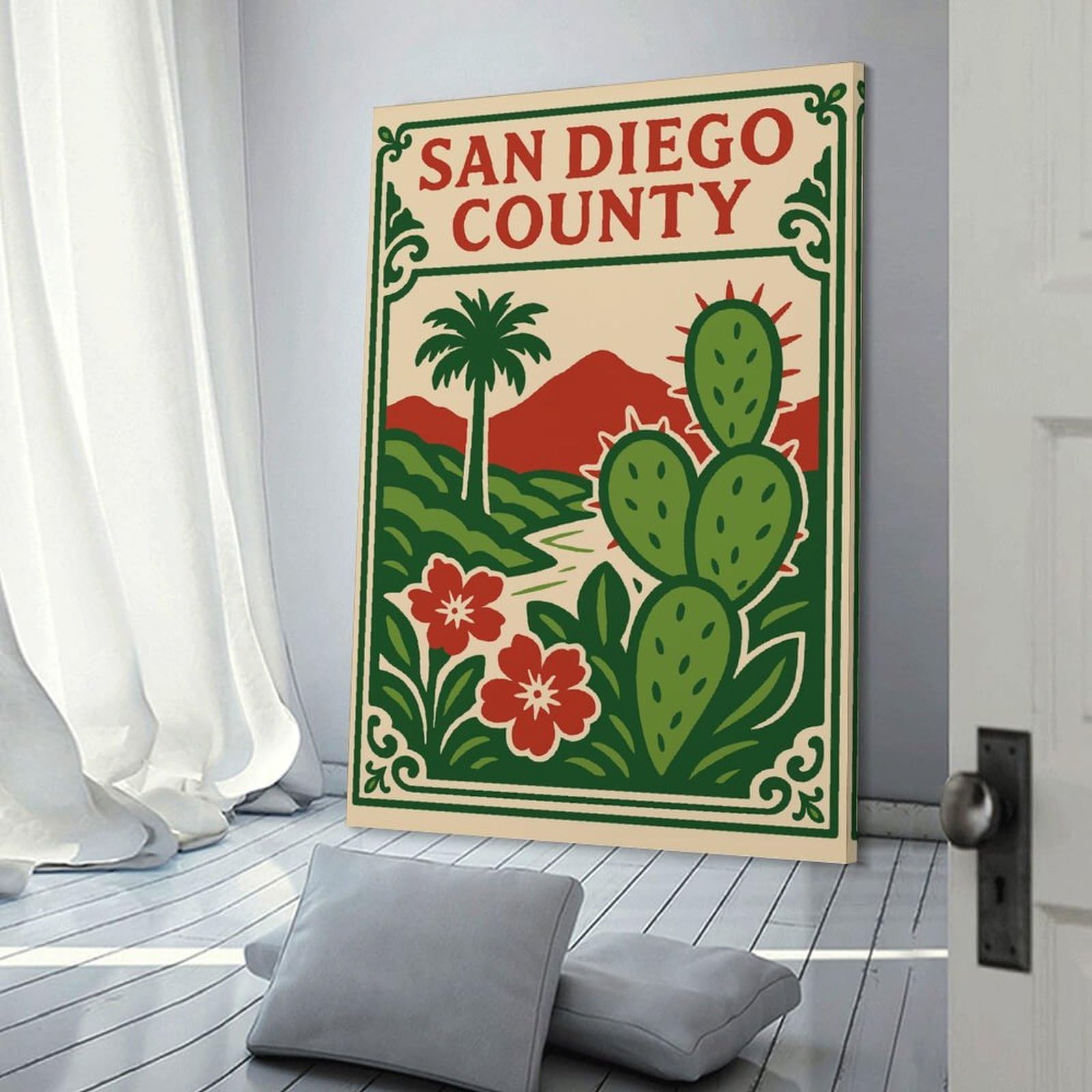 Junmoney San Diego County Landscape Illustration Wall Picture Print 24x36inch(60x90cm), for Entryway, Lounge Links Or Small Walls, Decorative Wall Art for Narrow Spaces