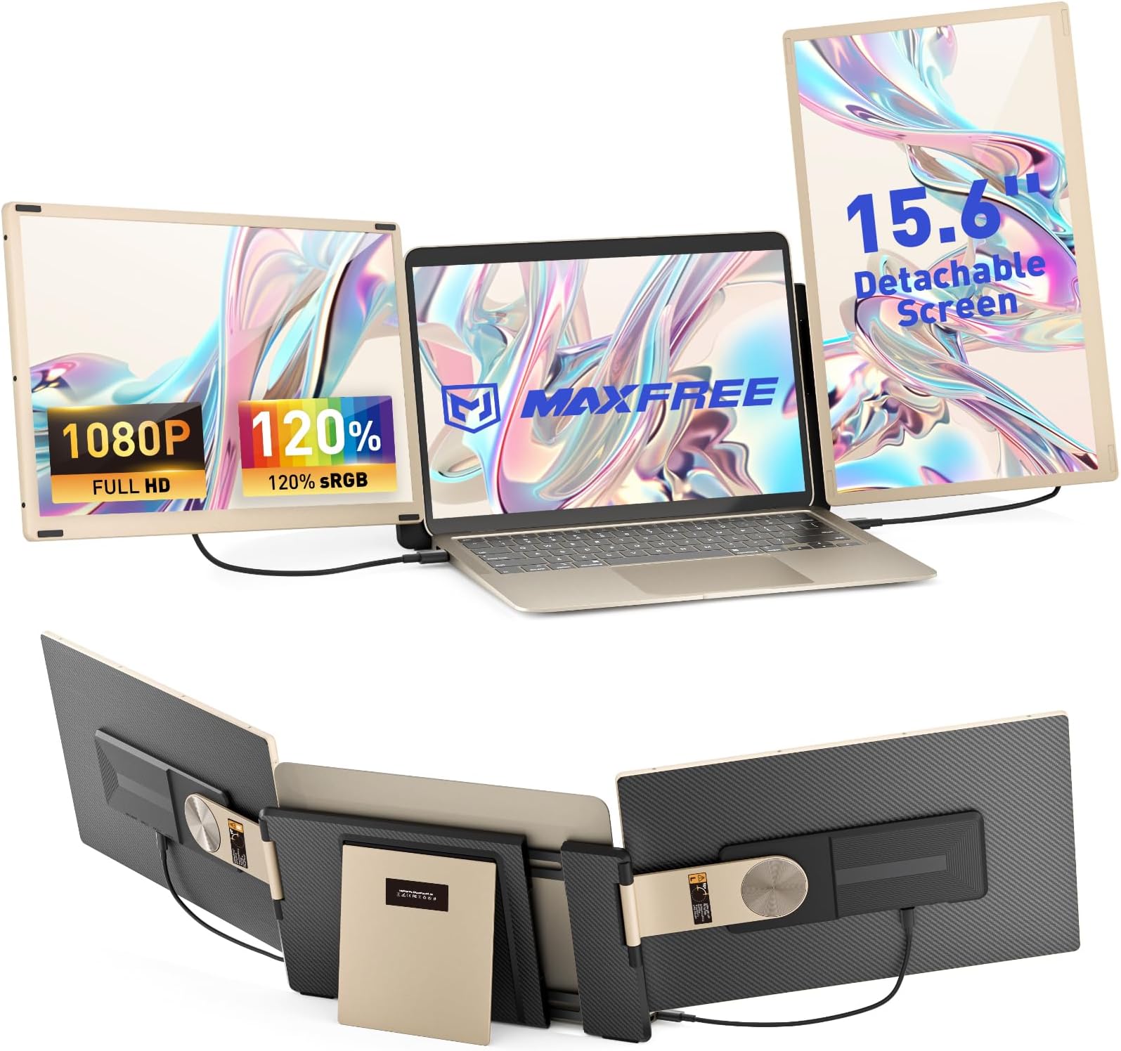 Maxfree S6 Laptop Screen Extender, 15.6'' 1080P Monitor Extender, 11 Display Modes, Plug & Play, Detachable Screen Triple Monitor for Laptop 13"-17.3", Compatible with Mac/Windows/Android/Switch, Gold
