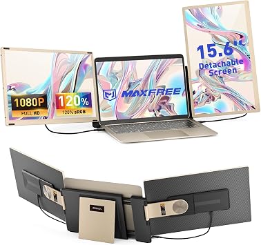 موسع شاشة الكمبيوتر المحمول Maxfree S6، موسع شاشة 15.6 1080P، 11 وضع عرض، توصيل وتشغيل، شاشة ثلاثية قابلة للفصل للكمبيوتر المحمول 13"-17.3"، متوافق مع Mac/Windows/Android/Switch، ذهبي