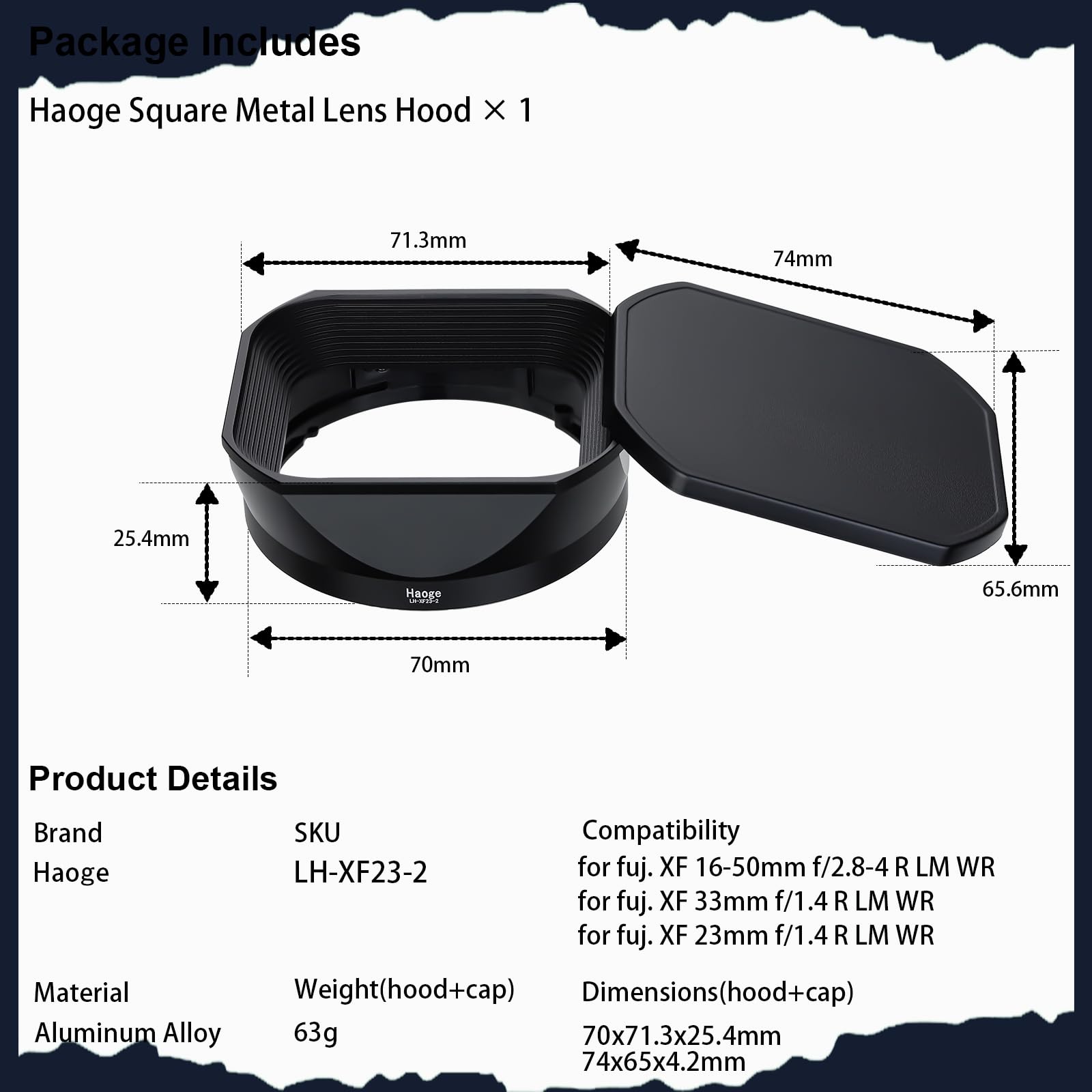 Haoge Pare-soleil carré en métal pour objectif Fujifilm XF 16-50 mm F2.8-4.8 R LM WR, Fujinon XF 33 mm F1.4 R LM WR, Fuji XF 23 mm f/1.4 R LM WR, avec capuchon pour appareil photo XT5 XT4 XT50 XH2