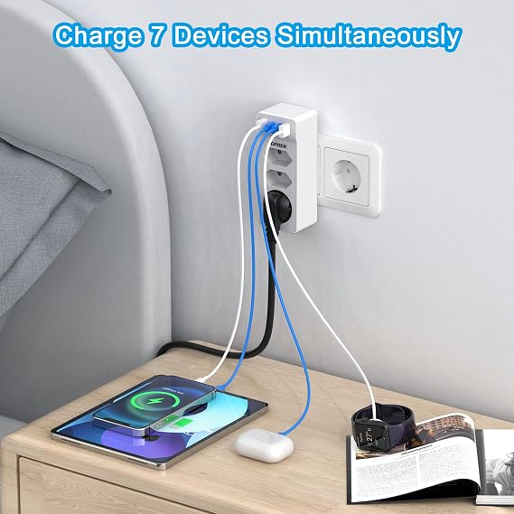 TOPREK Double Socket USB C Multiple Plug for Socket Without Cable Socket Adapter 3 Way Multiple Socket Double Plug with USB 20 W Quick Charge Splitter Plug 4000 W 16 A/2.5 A White