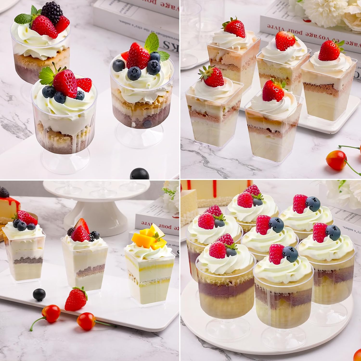 200 Pack Dessert Cups with Spoons, 5 oz Mini Clear Plastic Dessert Parfait Cups, Square Appetizer Shooter Cups Round Goblet for Party Reusable Fruit Pudding Ice Cream Cake Cups