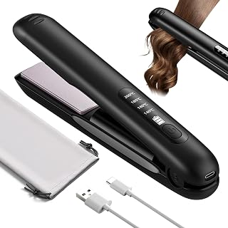 2 in 1 Cordless Hair Straighteners and Curler, 5000mAh Travel Wireless Portable USB Rechargeable Straightener, Mini Flat Iron Curling Wand with 4 Temperature for Women - Amazon product rated Grade A