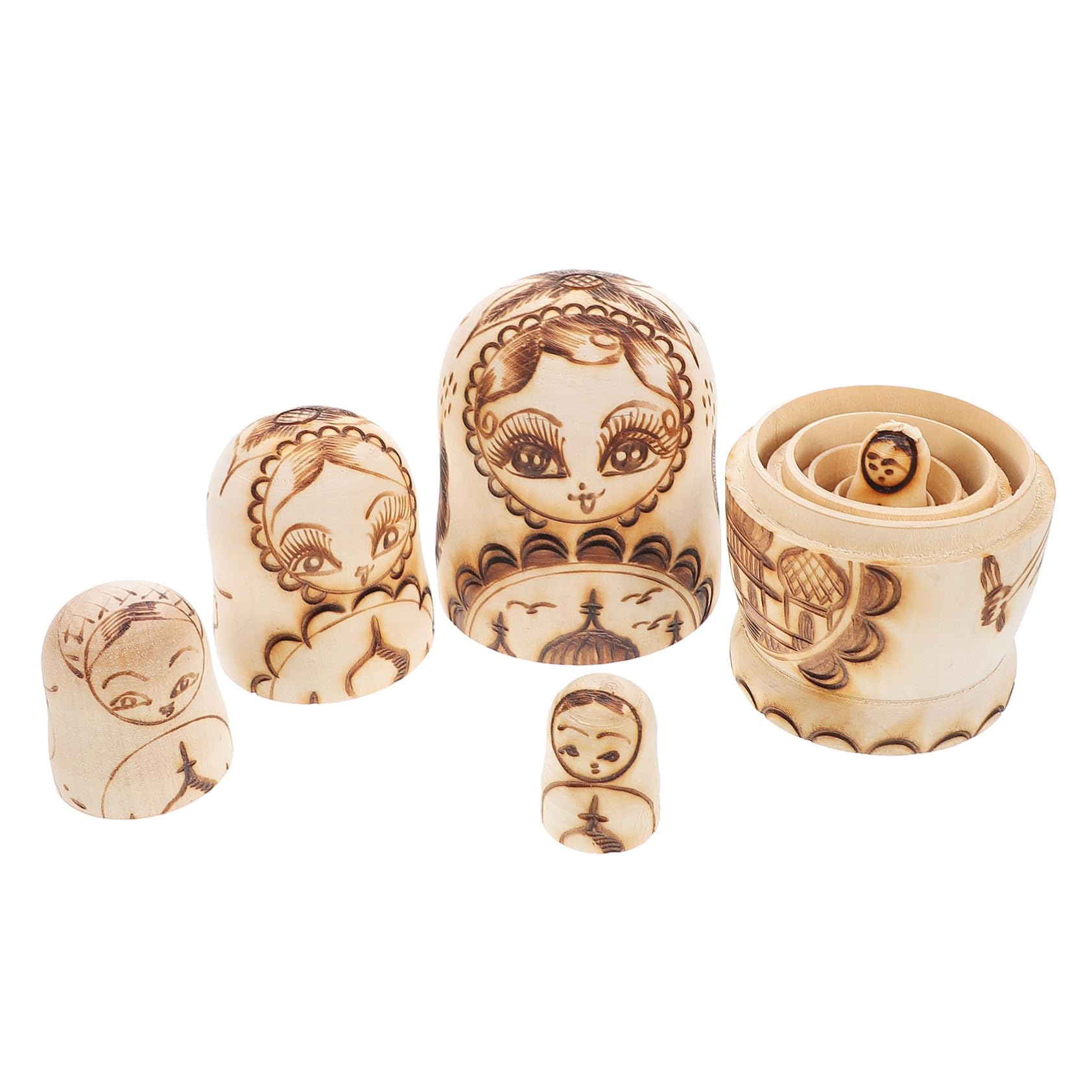 Muñecas Matrioska Rusas De Madera Sin Pintar 5 Capas Relieve Pirograbado Niños Decoración Obsequio Apilable Juego Tradicional Ruso