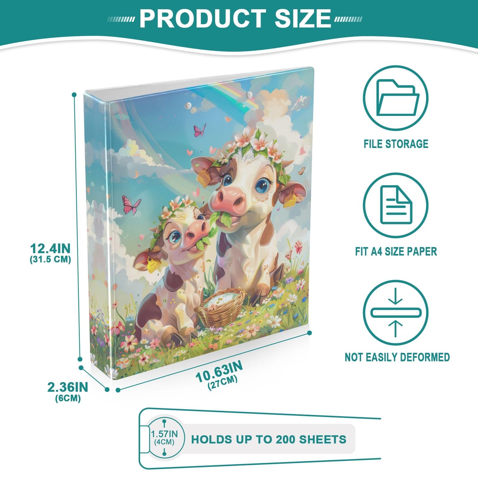 Raccoglitori a tre anelli decorativi da 2,5 cm e mezzo, 3 anelli con clip in metallo antiscivolo, versatili raccoglitori per scuola e ufficio, simpatiche mucche dei cartoni animati con fiori,