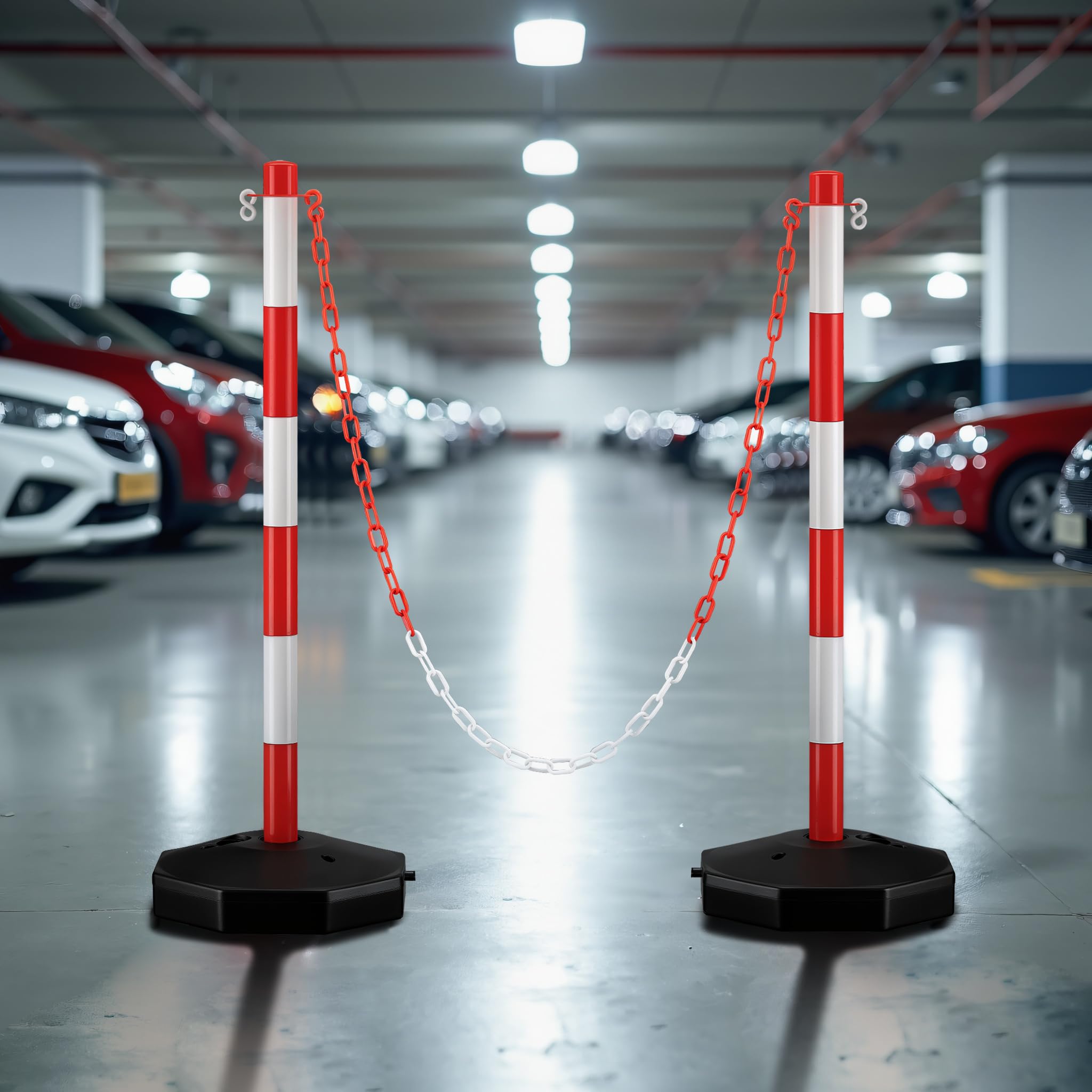 Wiltec mobile Parkplatz Absperrung 80 x 28 x 28 cm, Sperrpfosten mit 1,4 m langer Kette, rot-weiße Absperrpfosten, Poller für Parkplatz sperren