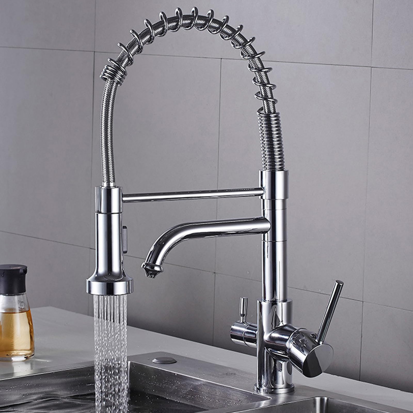 ZYCHSJXA Kitchen Pull Out Taps 2 Spary Modes 3 Way Tap 360 Degree Swivel Spout Spring Faucet Drinking Water Tap, Chrome