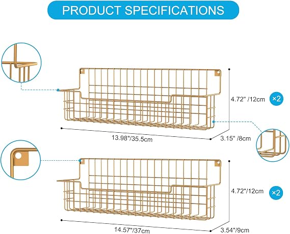 Spice Rack Wall Mount, Spice Organizer for Cabinet & Pantry Door, Set of 4 Hanging Spice Rack Saving Space for Kitchen, Gold and Blue
