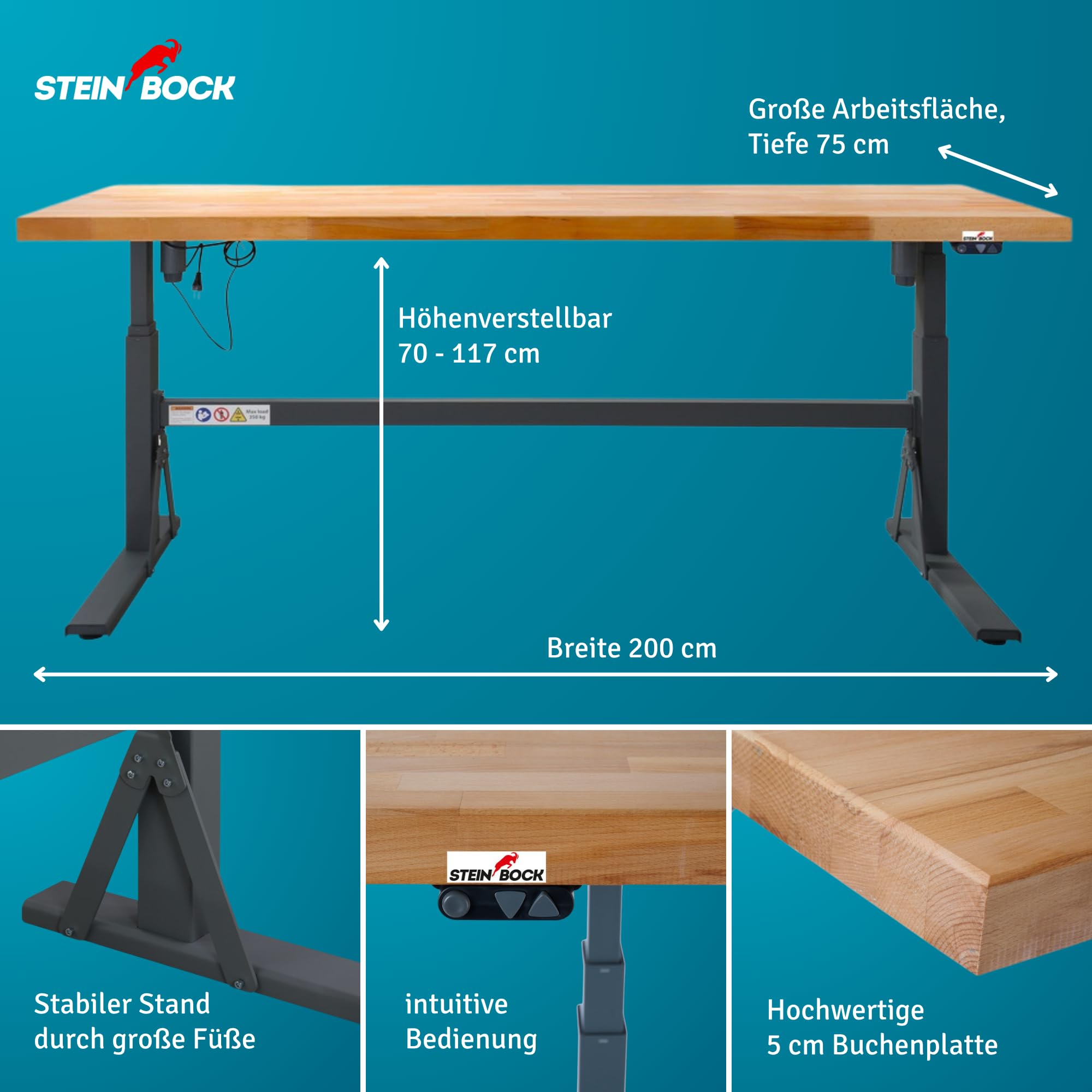 Steinbock elektrisch höhenverstellbare Werkbank e-Adjust | 350 kg Tragkraft | HxBxT 70-117 x 200 x 75 cm | Staubgrau | stabiles Stahlgestell | 5 cm Starke lasierte Holzplatte | Arbeitstisch
