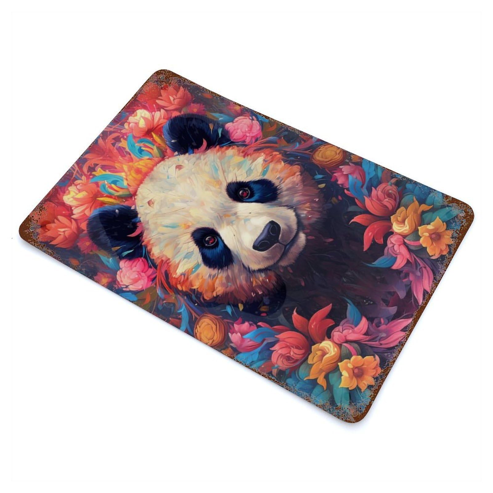 Rust Effect Panda Flower Portrait Rusty Metal Tin Sign 11.8"x7.9", Old School Wall Decor for Farmhouse, Kitchen And Entryway Decor