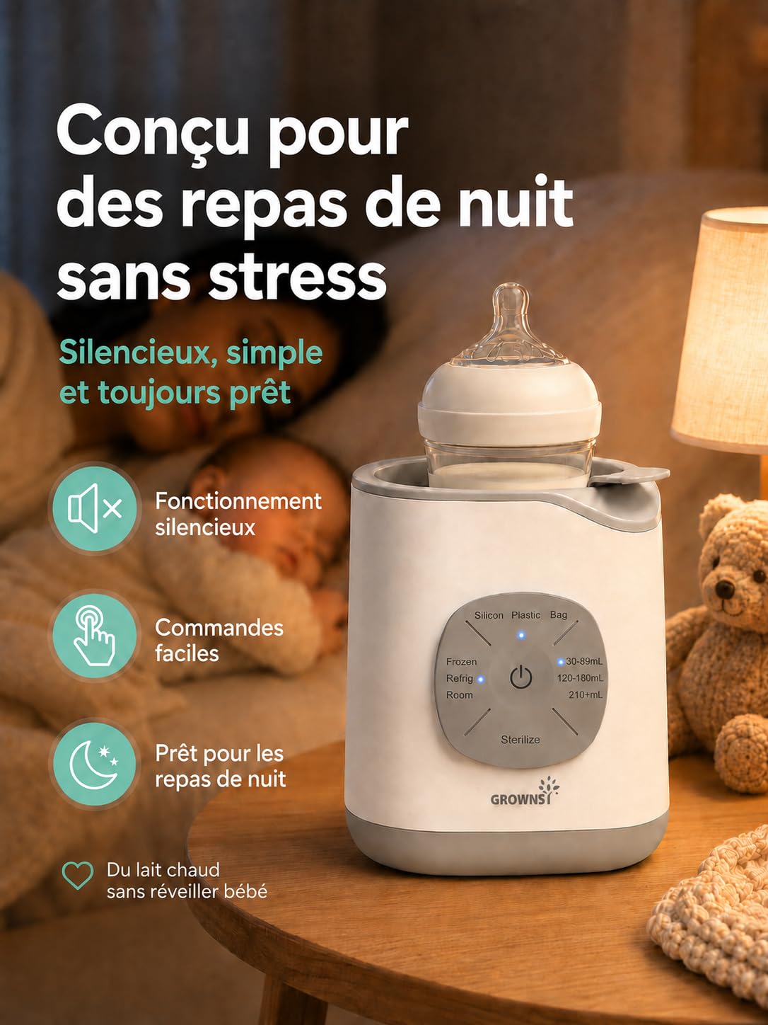 Chauffe Biberon, Grownsy Chauffe Biberon Bébé Électrique Rapide 9 en 1 pour Lait Maternel ou Formule Technologie de Bain-marie, Arrêt Automatique Sans BPA Stérilisateur