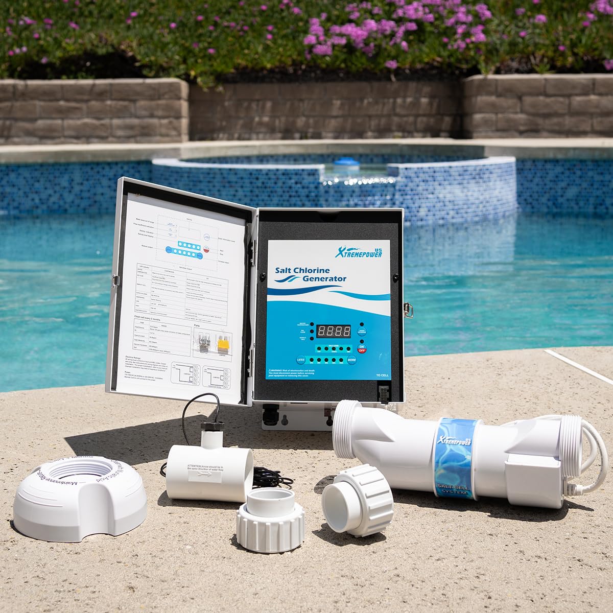 XtremepowerUS 15K Salt Chlorination System for In-Ground Pools Up to 15,000 Gallons Pool Flow Switch Cell Fitting Complete System, Cleaning Stand