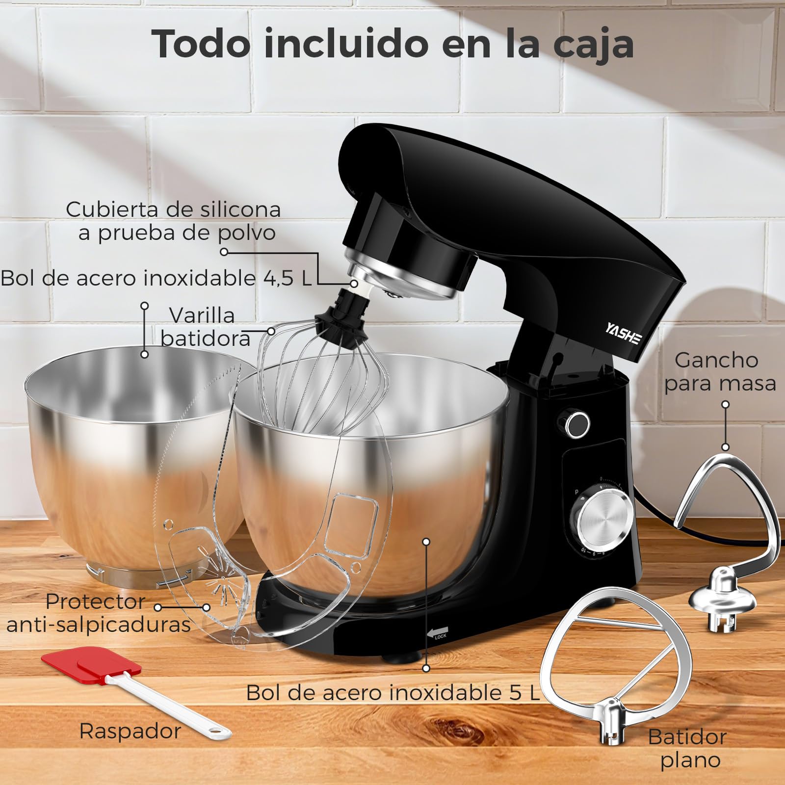 YASHE Batidora Amasadora 1500W, 4,5 + 5L Doble Bol de Acero Inoxidable, 10+P Velocidades, Movimiento Planetario, Cabezal Inclinable, Gancho para Masa, Batidor y Varillas