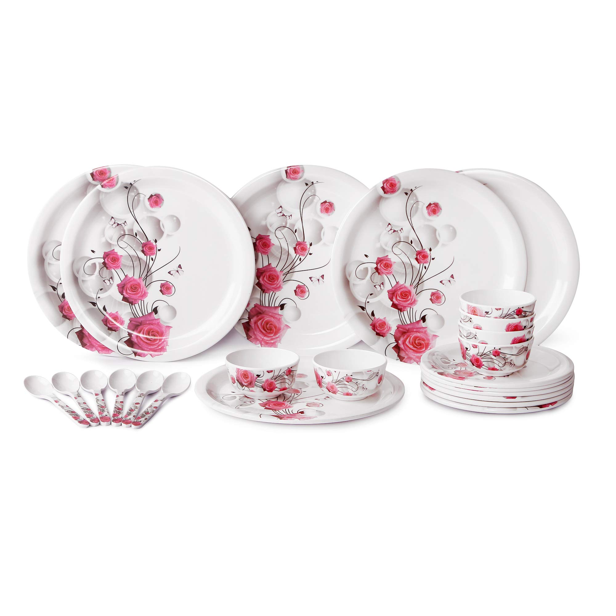 aeMAHARANI Elegant Dinnerware- Double Coating Melamine Lightweight Dinner Set- 24 Pieces, Pink Rose- White