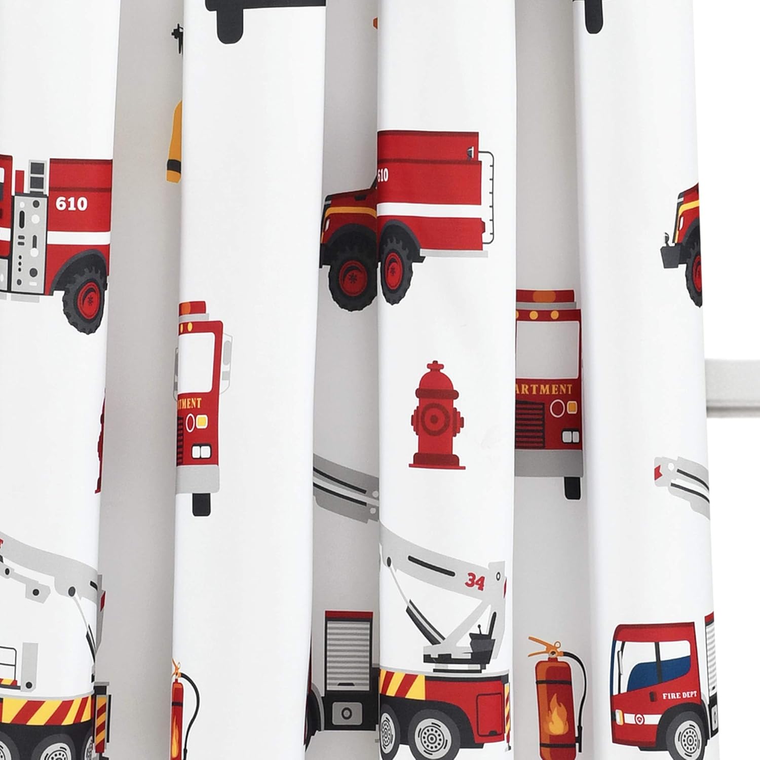Lush Decor Fire Truck Window Curtain Panel, Pair, 52" W x 63" L, Red & White - Curtains for Kids Room
